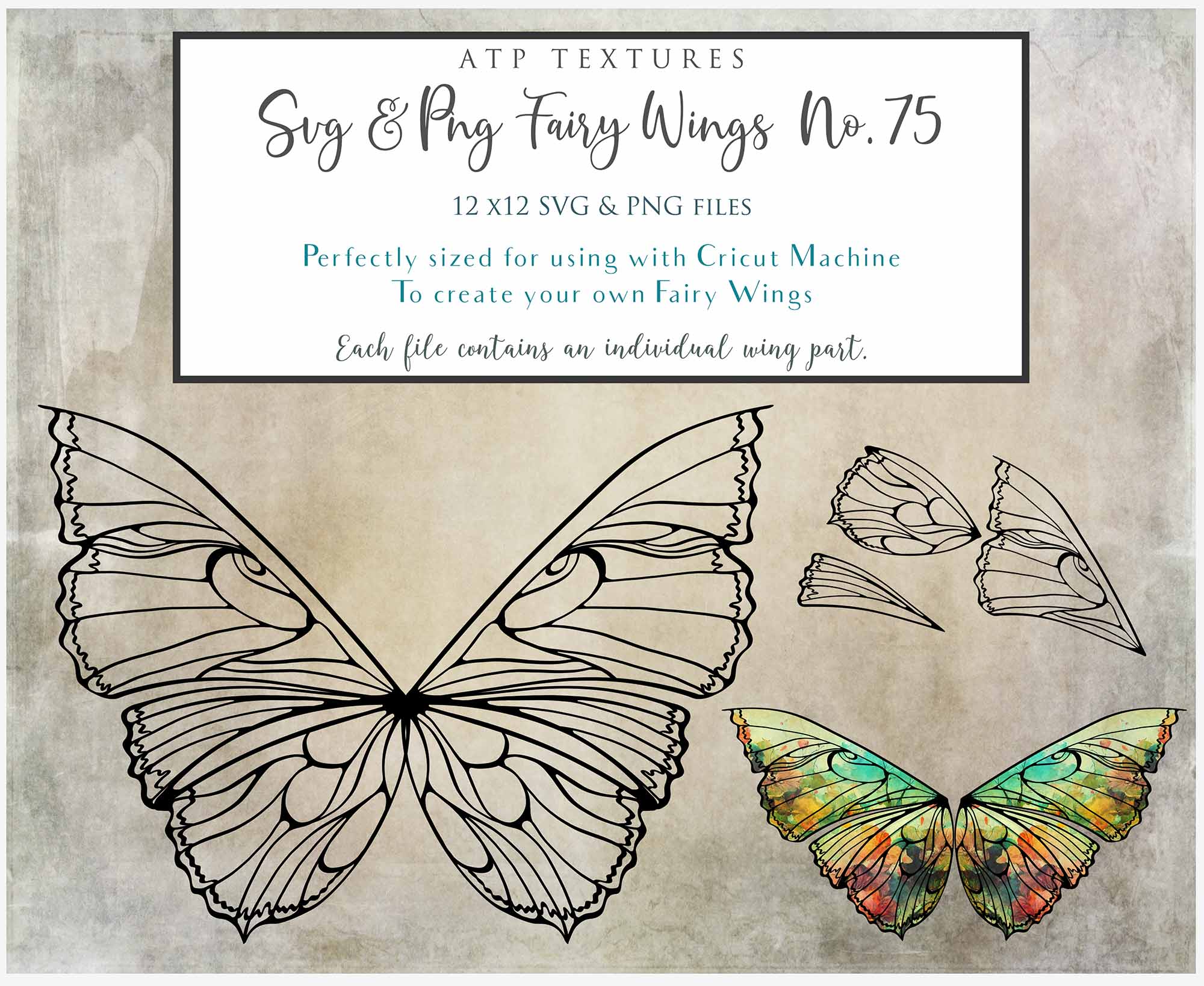 SVG & PNG Fairy/Angel Wing files for Cricut, Silhouette Cameo and other Cutting Machines. Create wearable fairy wings, all sizes. Perfect for Halloween Costumes, Fantasy, Cosplay, Photography. Prints, Wedding, Engagement, Baby Shower invitations, Sublimation Printing, Clip Art and more. Cut and assemble. ATP Textures.